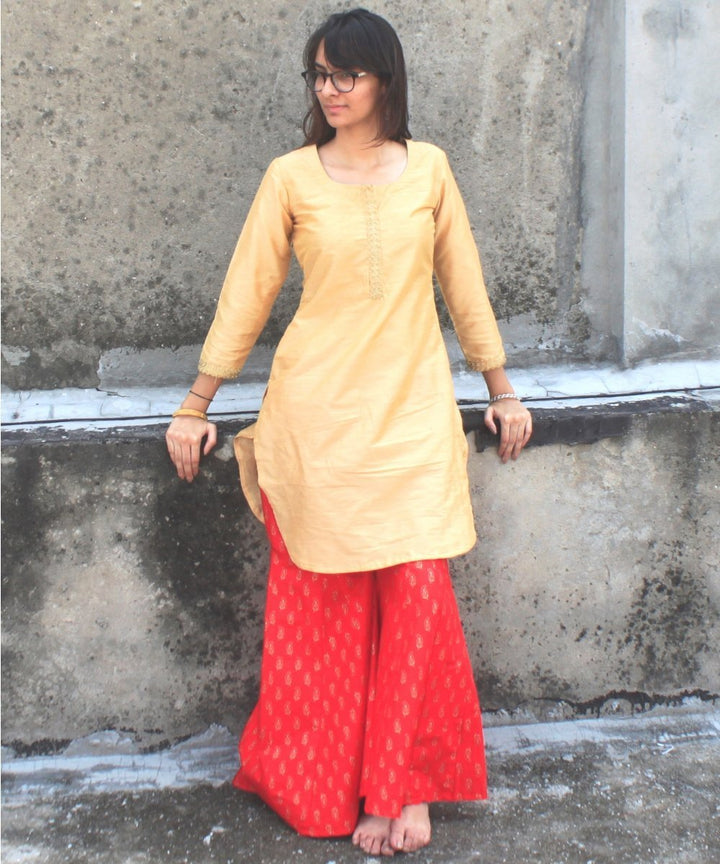 anokherang Combos Gold Mangalam Short Kurti with Red Sharara and Organza Dupatta