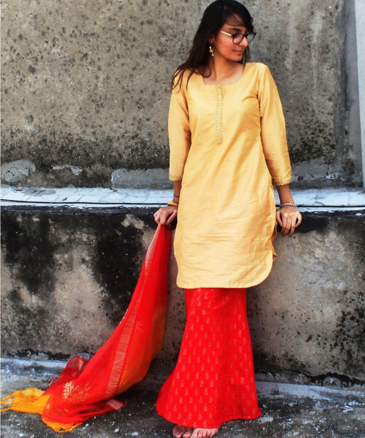 anokherang Combos Gold Mangalam Short Kurti with Red Sharara and Organza Dupatta