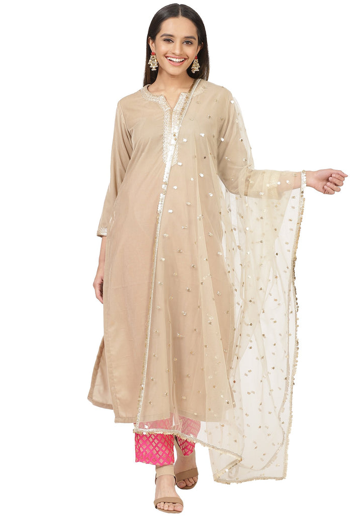 anokherang Combos Gold Velvet Straight Kurti with Pink Brocade Pants and Sequin Dupatta