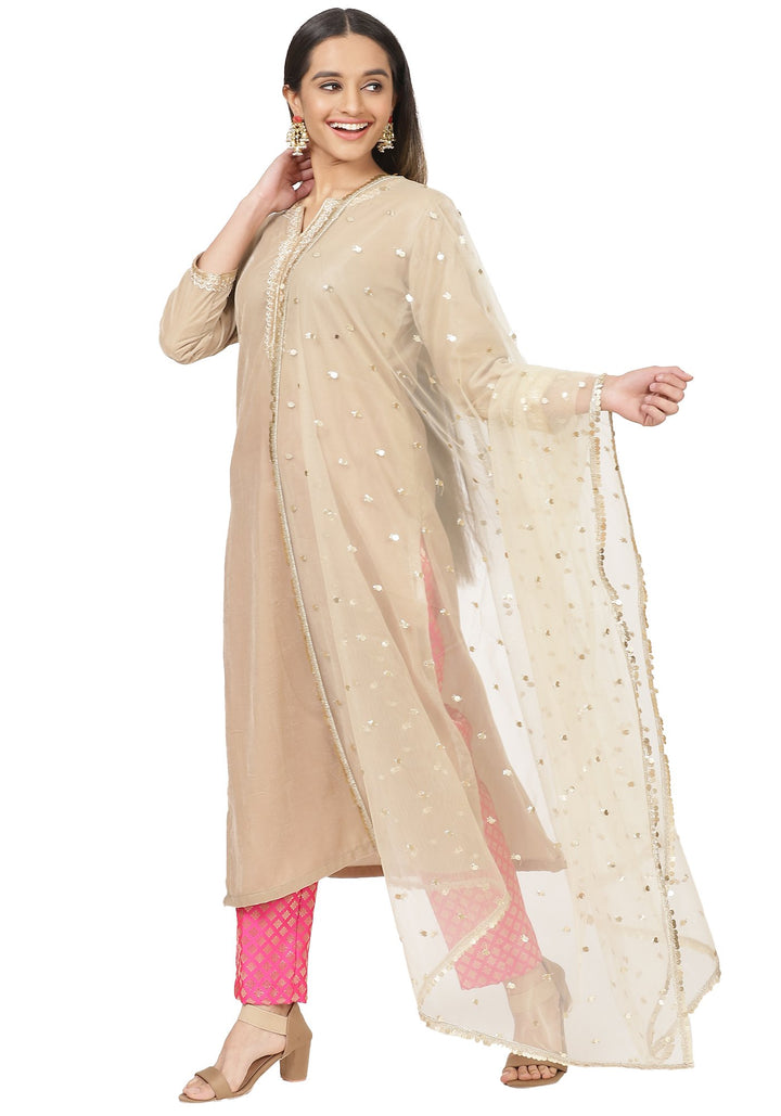 anokherang Combos Gold Velvet Straight Kurti with Pink Brocade Pants and Sequin Dupatta