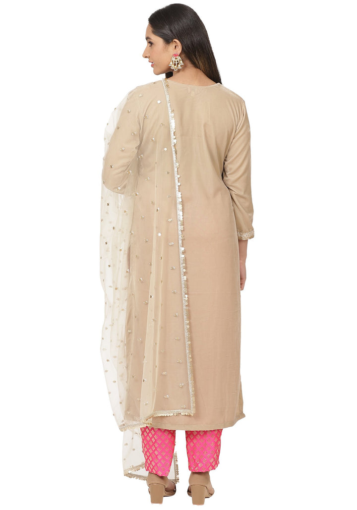 anokherang Combos Gold Velvet Straight Kurti with Pink Brocade Pants and Sequin Dupatta