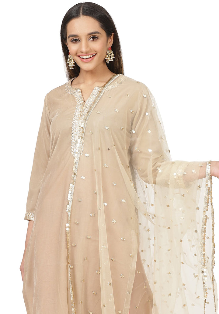 anokherang Combos Gold Velvet Straight Kurti with Pink Brocade Pants and Sequin Dupatta