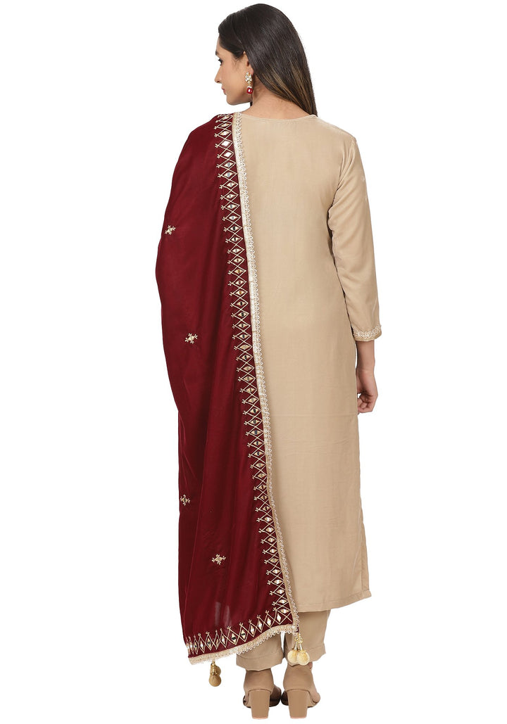 anokherang Combos Gold Velvet Straight Kurti with Straight Pants and Maroon Embroidered Velvet Stole