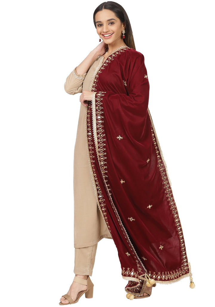 anokherang Combos Gold Velvet Straight Kurti with Straight Pants and Maroon Embroidered Velvet Stole