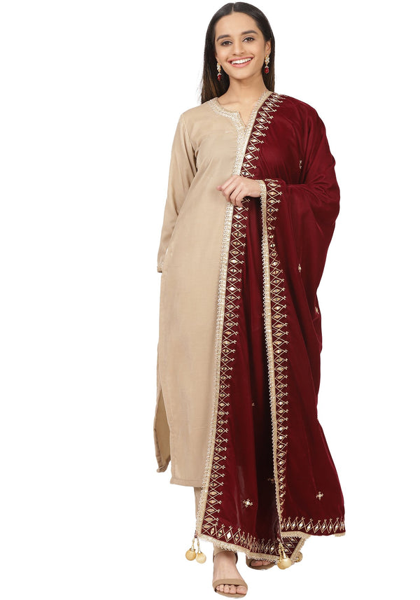 anokherang Combos Gold Velvet Straight Kurti with Straight Pants and Maroon Embroidered Velvet Stole