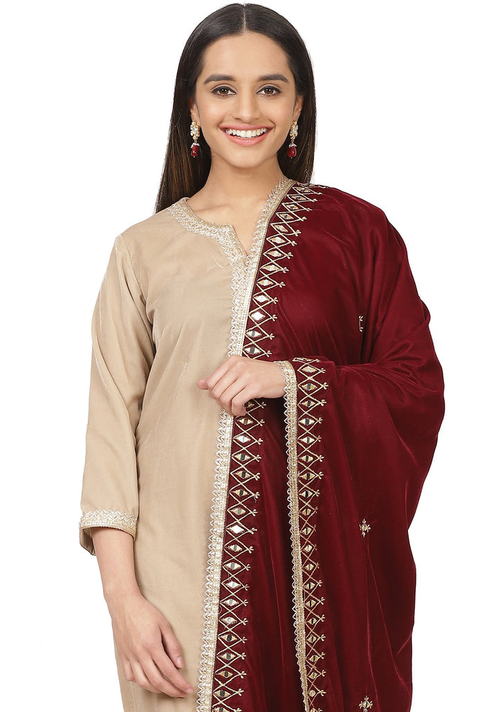 anokherang Combos Gold Velvet Straight Kurti with Straight Pants and Maroon Embroidered Velvet Stole