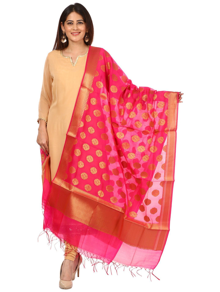 anokherang Combos Golden N Gold Kurti with Leggings and Pink Banarsi Dupatta