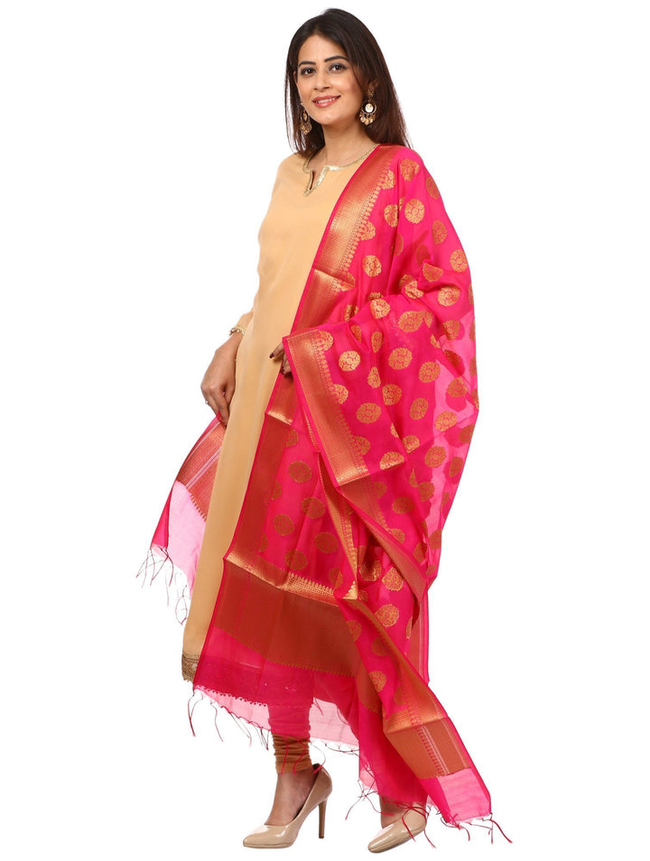 anokherang Combos Golden N Gold Kurti with Leggings and Pink Banarsi Dupatta