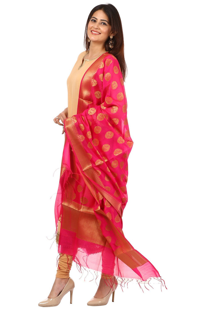 anokherang Combos Golden N Gold Kurti with Leggings and Pink Banarsi Dupatta