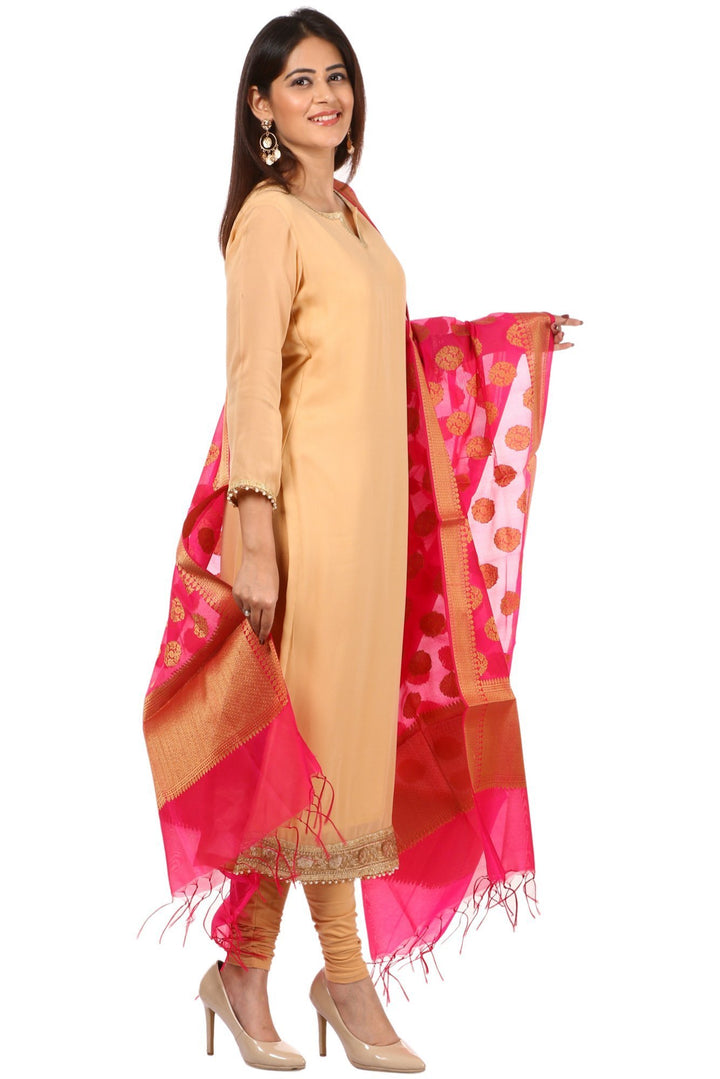 anokherang Combos Golden N Gold Kurti with Leggings and Pink Banarsi Dupatta