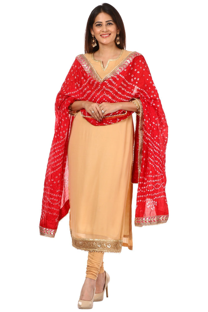 anokherang Combos Golden N Gold Kurti with Leggings and Red Silk Bhandej Dupatta