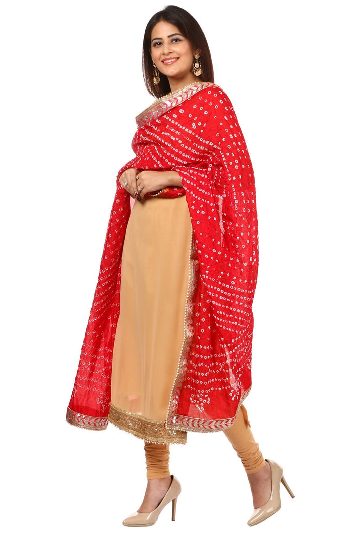 anokherang Combos Golden N Gold Kurti with Leggings and Red Silk Bhandej Dupatta