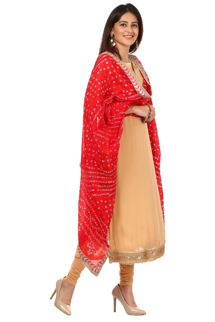 anokherang Combos Golden N Gold Kurti with Leggings and Red Silk Bhandej Dupatta