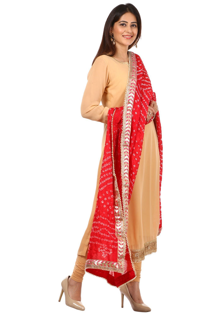 anokherang Combos Golden N Gold Kurti with Leggings and Red Silk Bhandej Dupatta