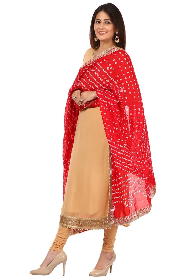 anokherang Combos Golden N Gold Kurti with Leggings and Red Silk Bhandej Dupatta