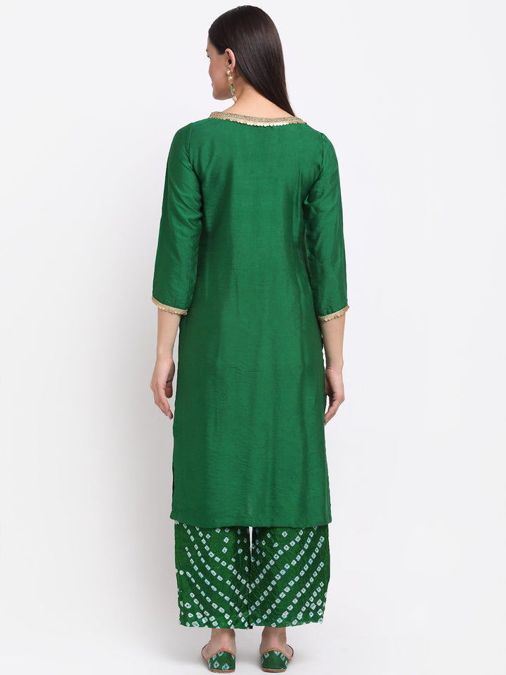anokherang Combos Gorgeous Green Straight Kurti with Bandhani Palazzo