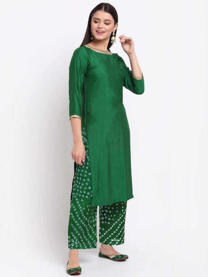 anokherang Combos Gorgeous Green Straight Kurti with Bandhani Palazzo