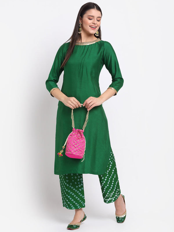 anokherang Combos Gorgeous Green Straight Kurti with Bandhani Palazzo