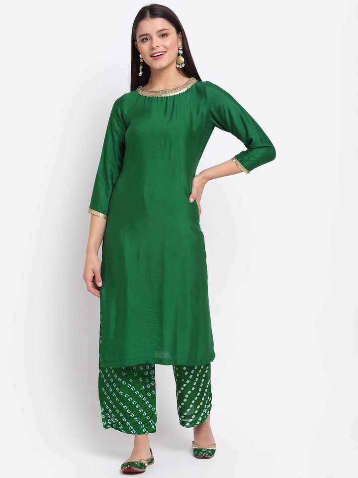 anokherang Combos Gorgeous Green Straight Kurti with Bandhani Palazzo