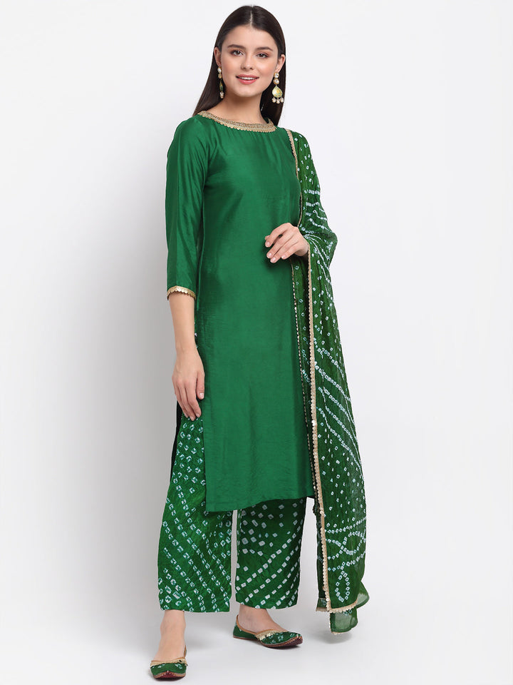 anokherang Combos Gorgeous Green Straight Kurti with Bandhani Palazzo and Bandhani Sequin Dupatta