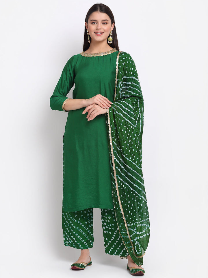 anokherang Combos Gorgeous Green Straight Kurti with Bandhani Palazzo and Bandhani Sequin Dupatta