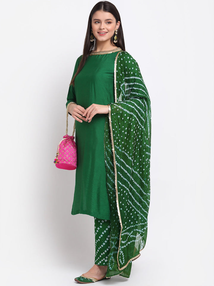 anokherang Combos Gorgeous Green Straight Kurti with Bandhani Palazzo and Bandhani Sequin Dupatta