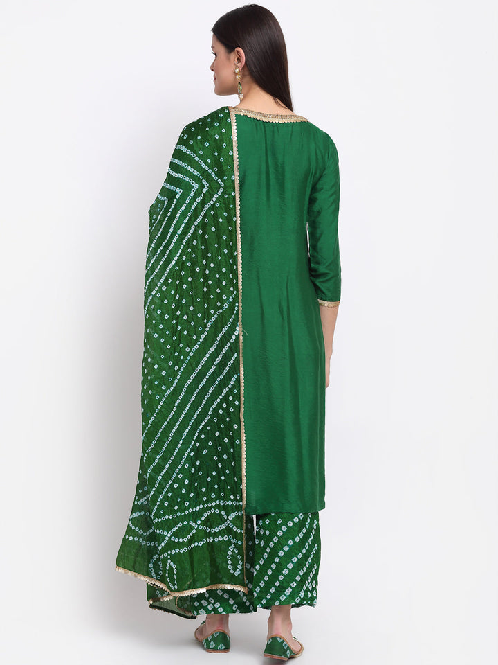 anokherang Combos Gorgeous Green Straight Kurti with Bandhani Palazzo and Bandhani Sequin Dupatta