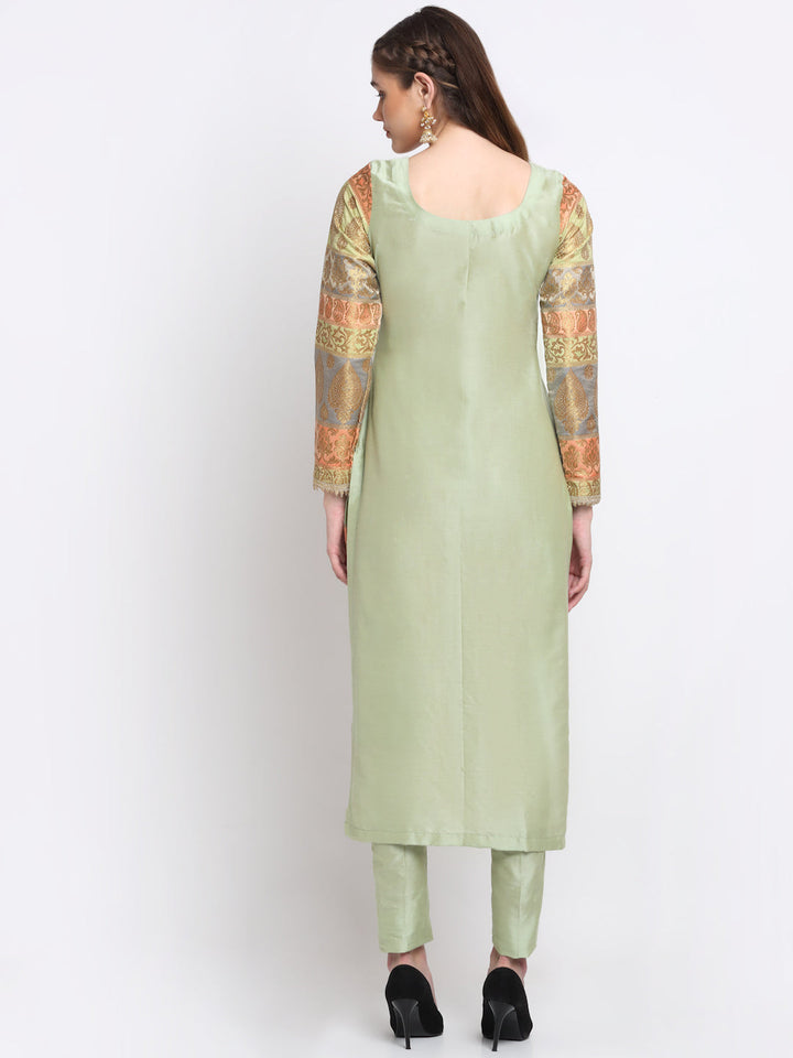 anokherang Combos Graceful Green Banarasi sleeve kurti with Straight Pants