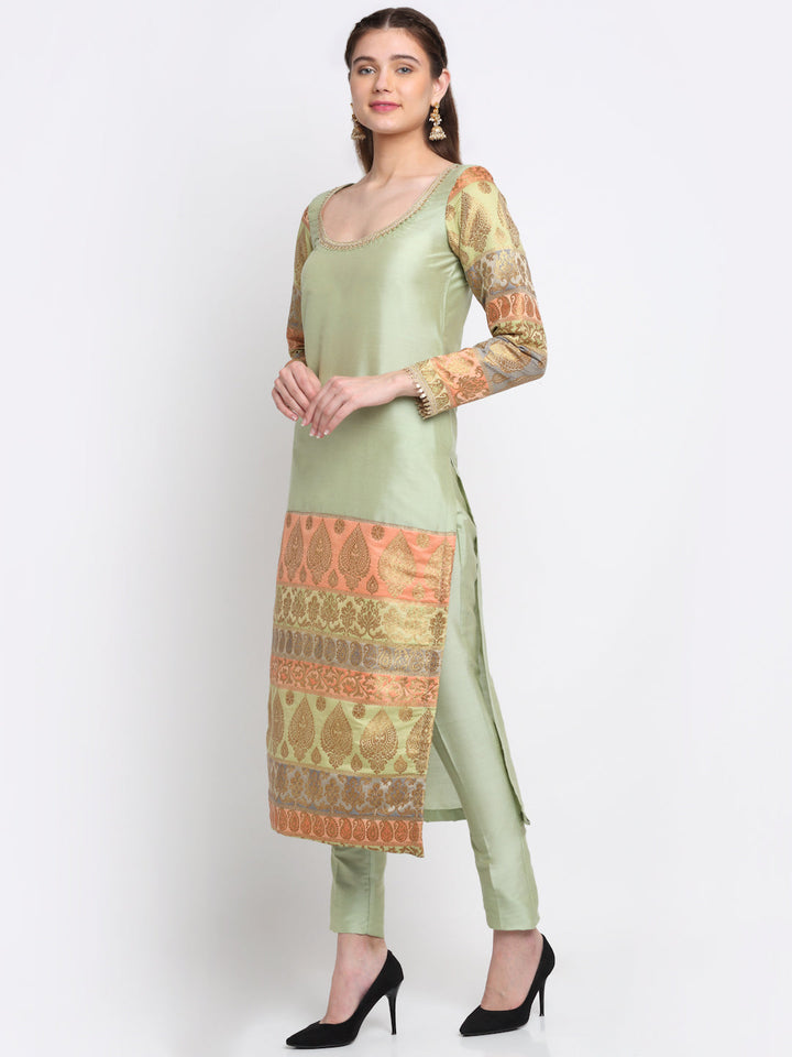anokherang Combos Graceful Green Banarasi sleeve kurti with Straight Pants