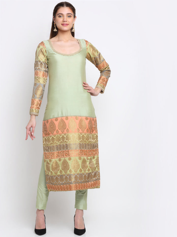 anokherang Combos Graceful Green Banarasi sleeve kurti with Straight Pants