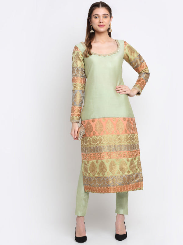 anokherang Combos Graceful Green Banarasi sleeve kurti with Straight Pants