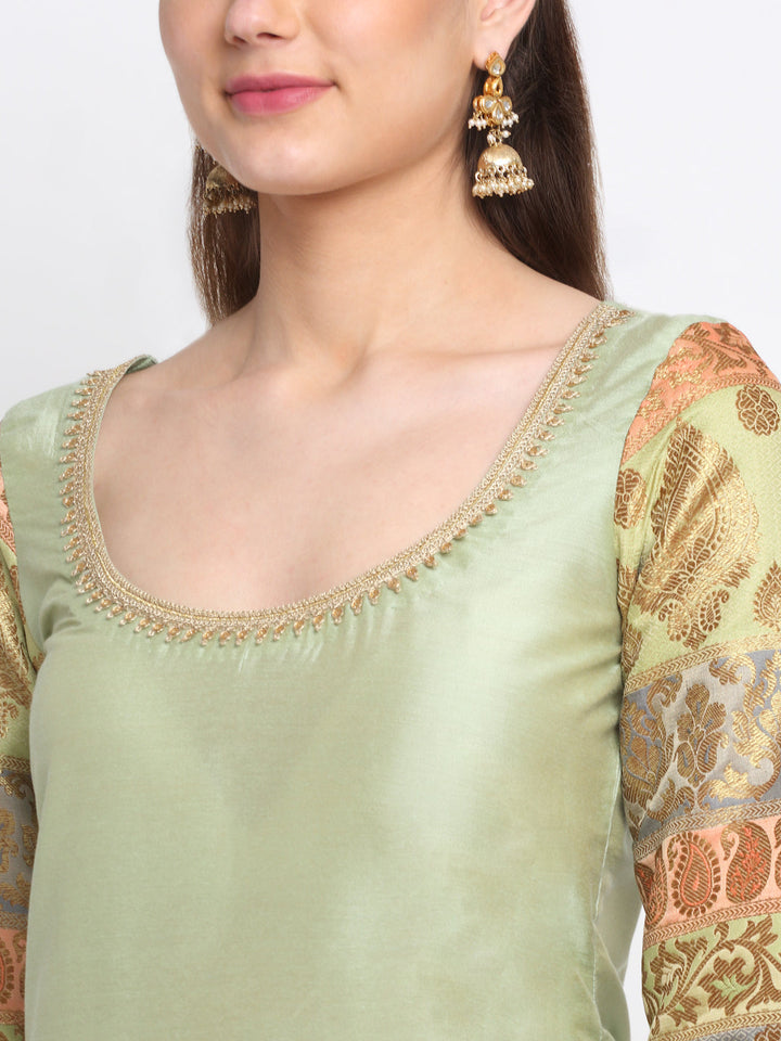 anokherang Combos Graceful Green Banarasi sleeve kurti with Straight Pants and Net Sequins Dupatta
