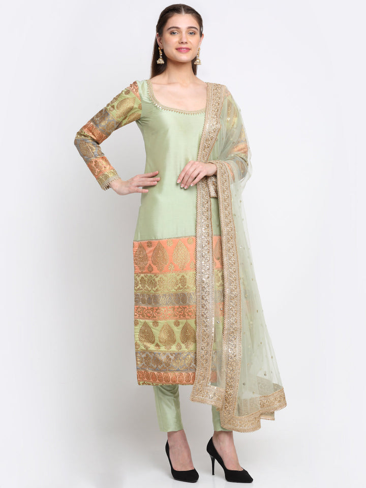 anokherang Combos Graceful Green Banarasi sleeve kurti with Straight Pants and Net Sequins Dupatta