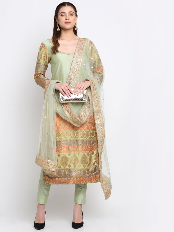 anokherang Combos Graceful Green Banarasi sleeve kurti with Straight Pants and Net Sequins Dupatta