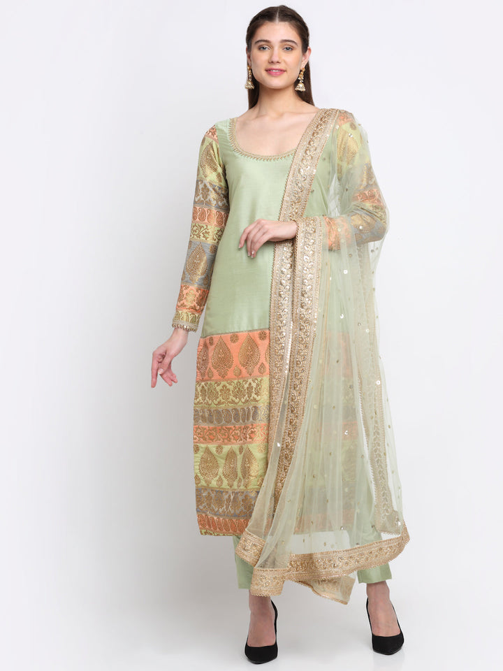 anokherang Combos Graceful Green Banarasi sleeve kurti with Straight Pants and Net Sequins Dupatta