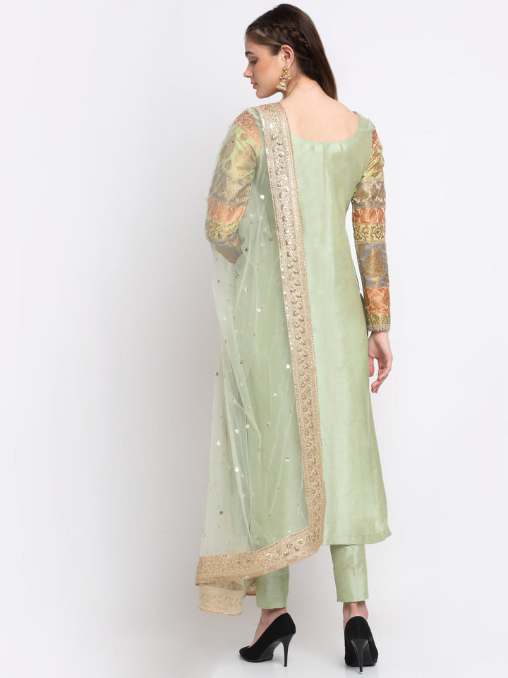 anokherang Combos Graceful Green Banarasi sleeve kurti with Straight Pants and Net Sequins Dupatta