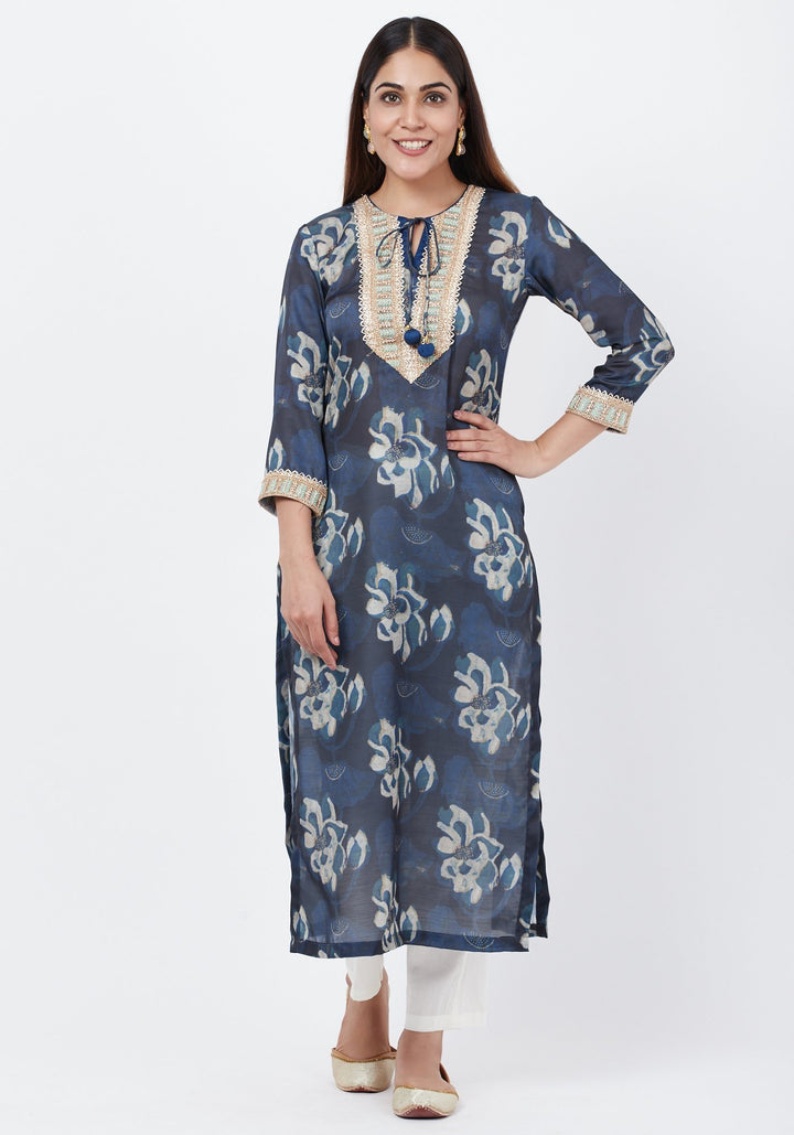 anokherang Combos Gray Floral Embroidered Silk Kurti with Off-White Palazzo