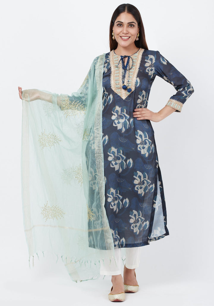 anokherang Combos Gray Floral Embroidered Silk Kurti with Off-White Palazzo and Festive Dupatta