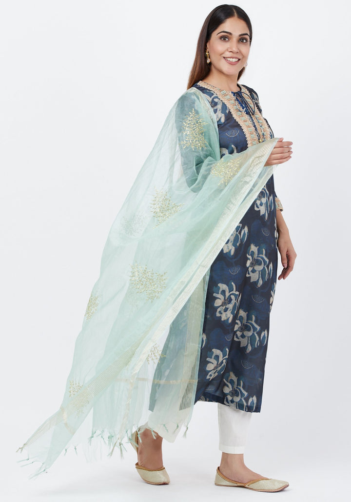 anokherang Combos Gray Floral Embroidered Silk Kurti with Off-White Palazzo and Festive Dupatta