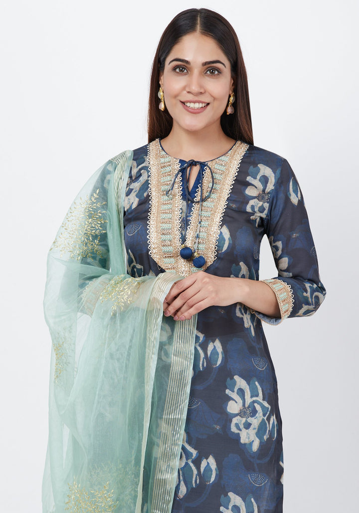 anokherang Combos Gray Floral Embroidered Silk Kurti with Off-White Palazzo and Festive Dupatta
