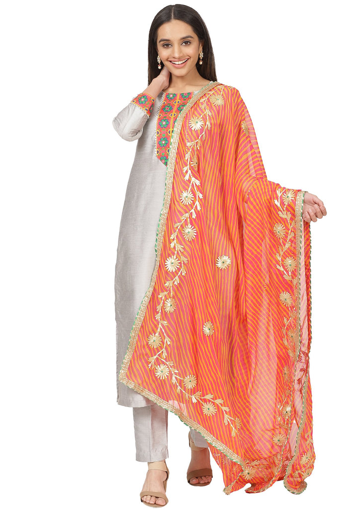 anokherang Combos Gray Floral Embroidered Straight Kurti with Straight Pants and Peachy Orange Leheriya Dupatta
