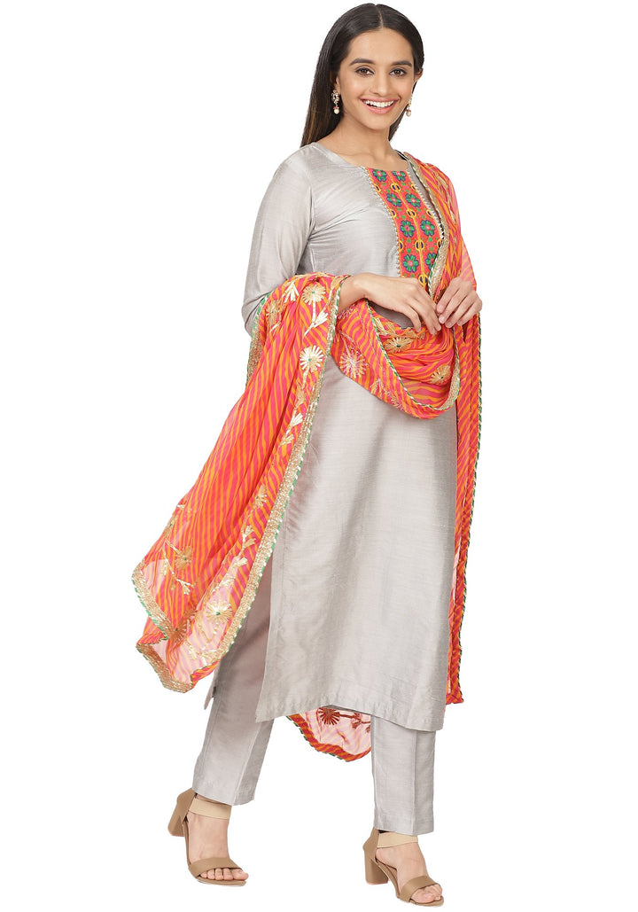 anokherang Combos Gray Floral Embroidered Straight Kurti with Straight Pants and Peachy Orange Leheriya Dupatta