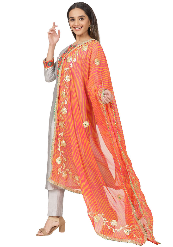 anokherang Combos Gray Floral Embroidered Straight Kurti with Straight Pants and Peachy Orange Leheriya Dupatta