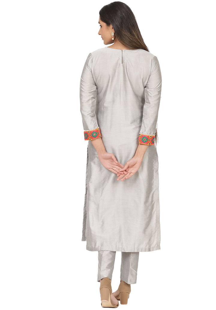 anokherang Combos Gray Floral Embroidered Straight Kurti with Straight Pants and Peachy Orange Leheriya Dupatta