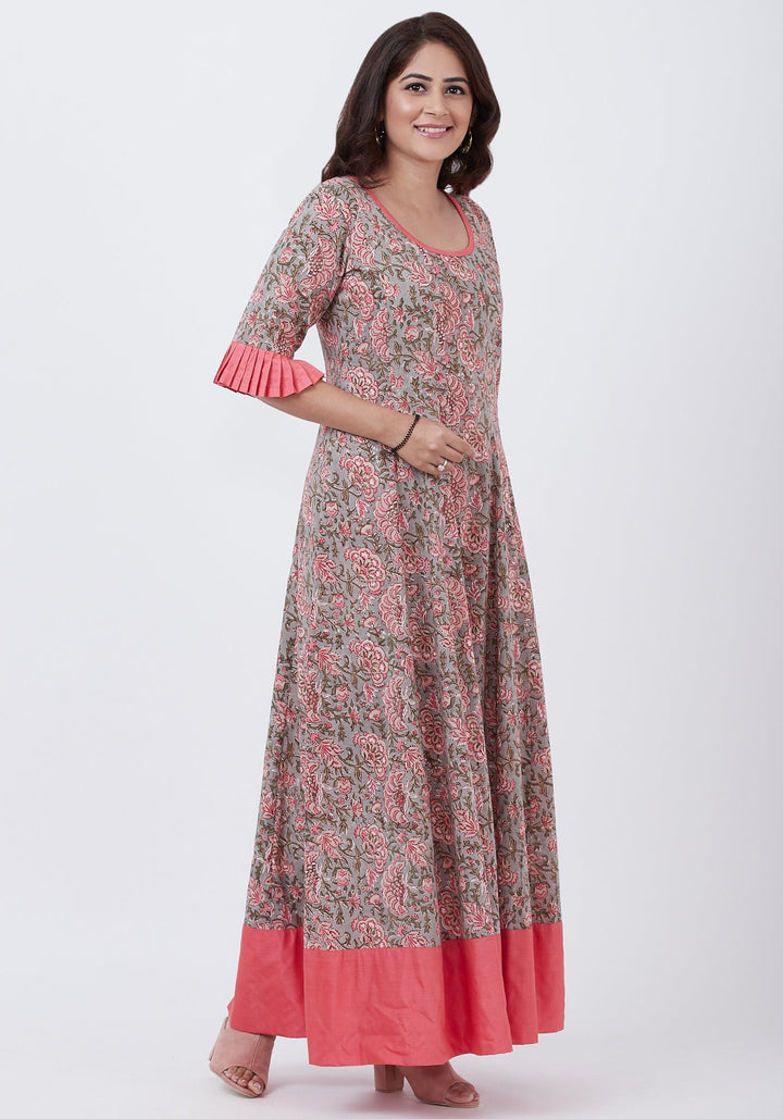anokherang Combos Gray Floral Printed Floor Length with Pleated Sleeves