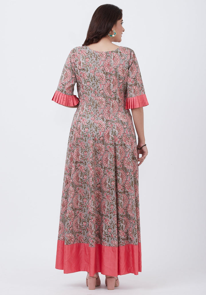 anokherang Combos Gray Floral Printed Floor Length with Pleated Sleeves