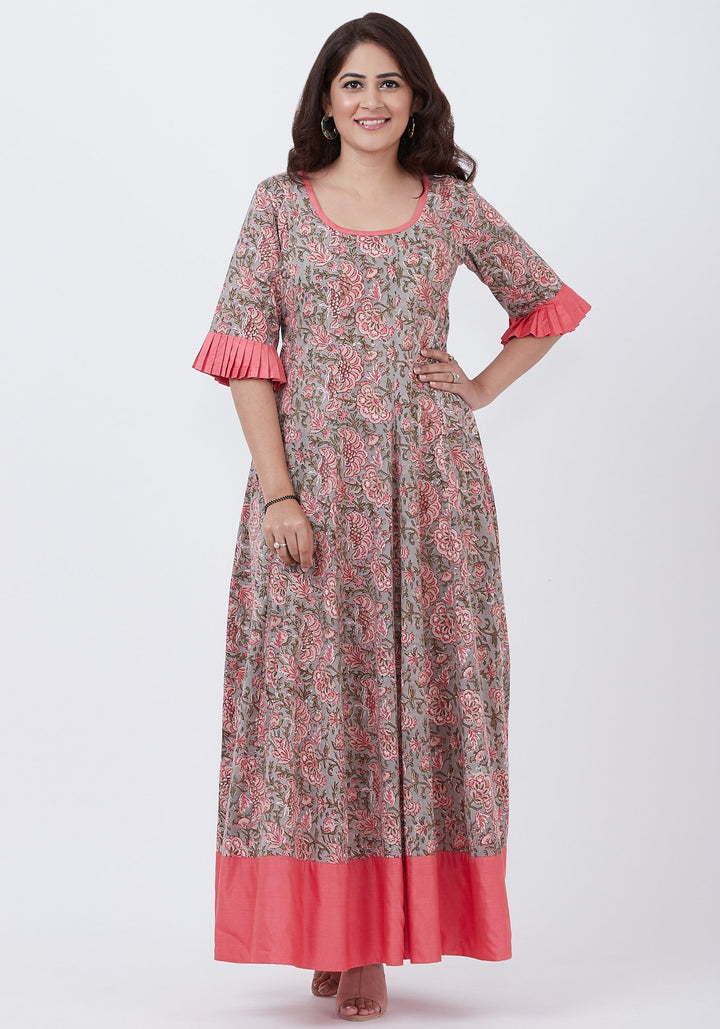 anokherang Combos Gray Floral Printed Floor Length with Pleated Sleeves