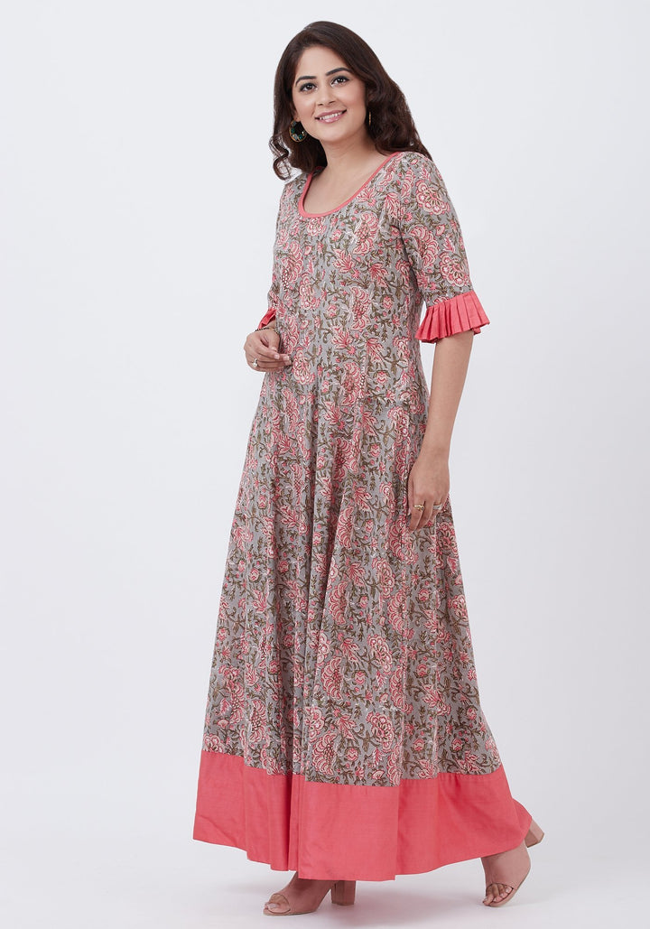 anokherang Combos Gray Floral Printed Floor Length with Pleated Sleeves