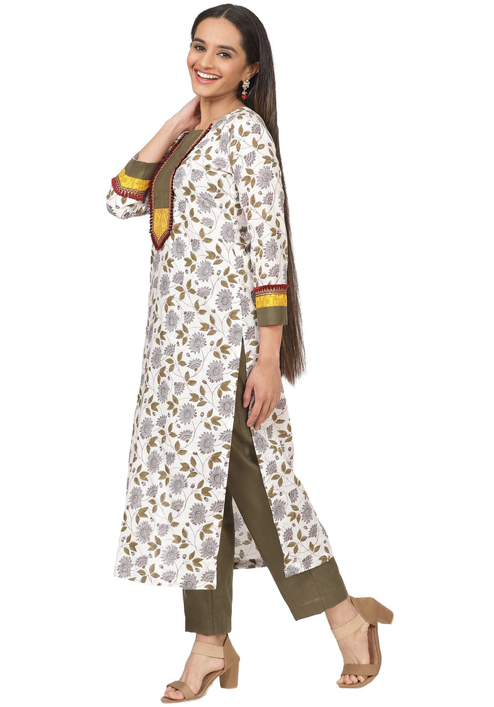 anokherang Combos Gray Green Floral Printed Kuti with Staright Pants