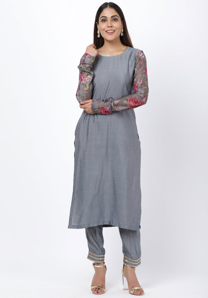 anokherang Combos Gray Printed Churidar Sleeves Kurti with Straight Pants